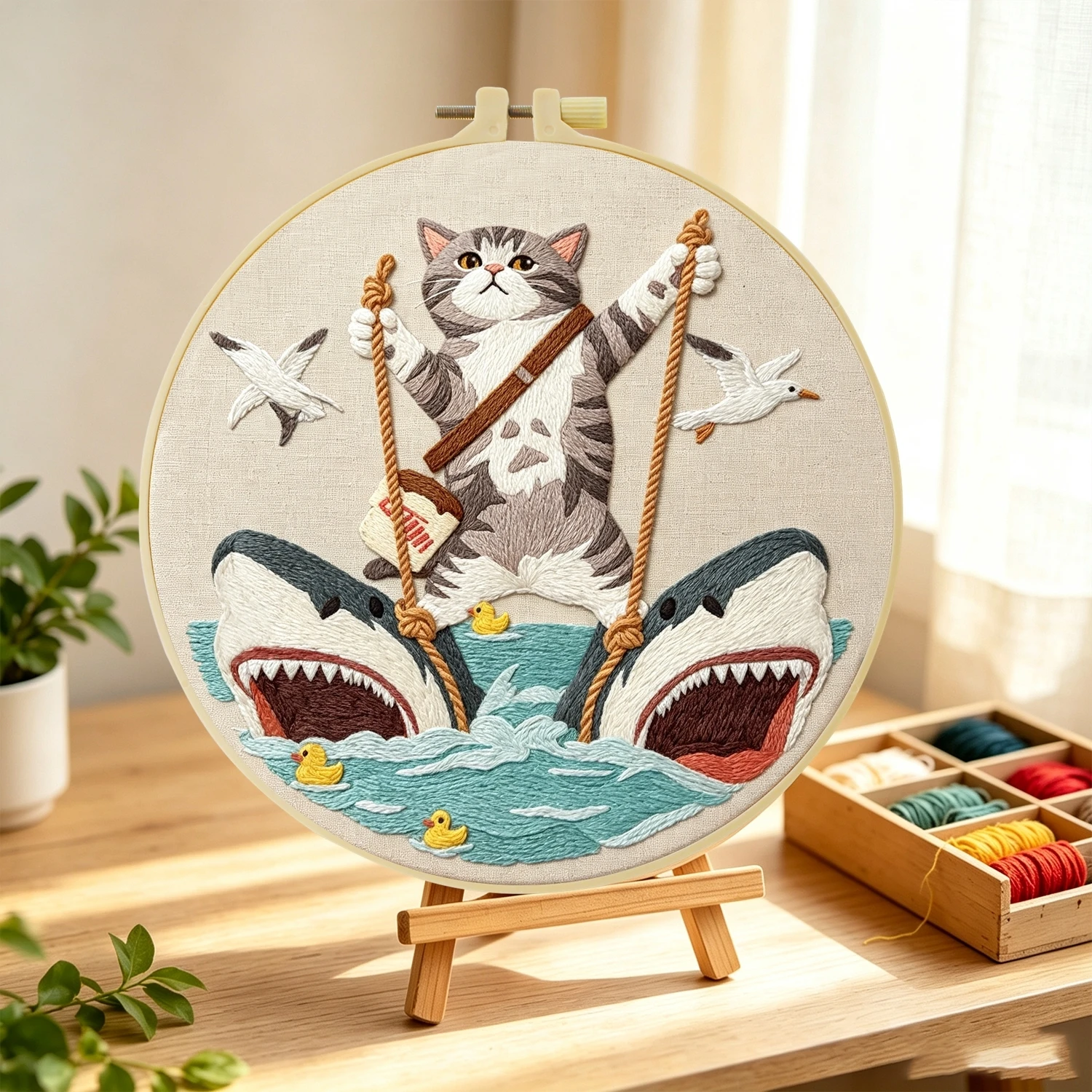 1 Set Katzenhai-Surfing DIY-Stickerei-Set für Anfänger, Stick-Starter-Kit, Kreuzstich-Kunstgeschenk, Handarbeits-Bastelset – Detail 3