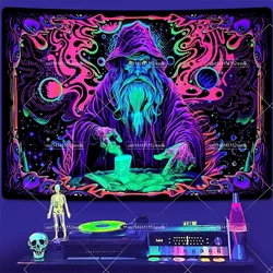 Blacklight Tapestry Wizard Tapestry For Bedroom UV Reactive Neon Starry Wall Tapestry Hangin Dorm Decor Aesthetic Party Backdrop