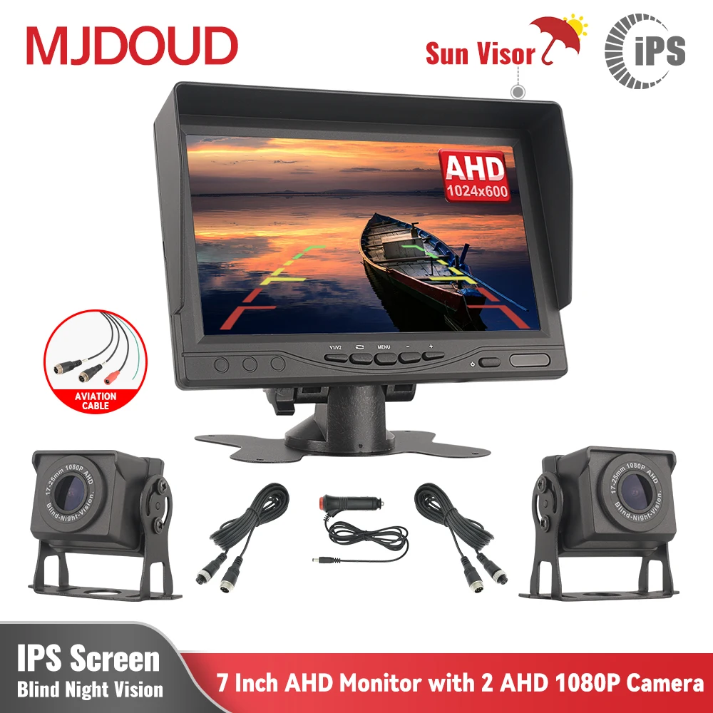 

MJDOUD AHD Car Rear View Camera with 7 inch Monitor for Truck Parking 12-24V IPS Screen 2CH Video for Night Vision 1080p Camera