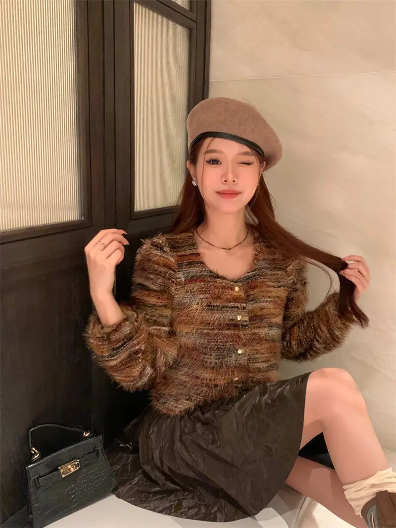 

Cardigans Unisex Sweaters Womens Autumn Collared Print Bolero Drawstring Half-High Outerwear Fresh Grid Raglan Loose Knitthing