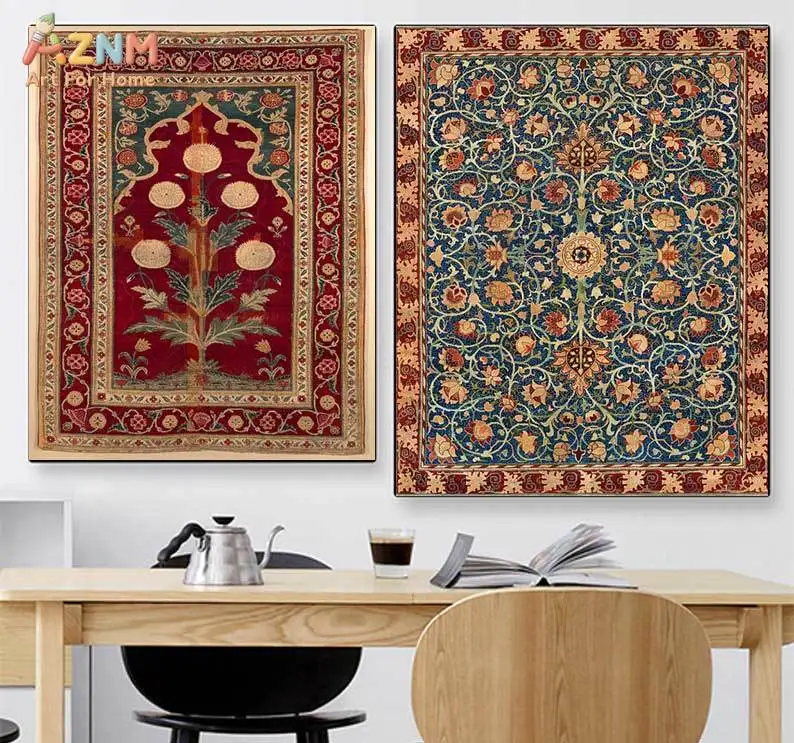 AZNM Antique Oriental Rug Pattern Canvas Wall Art Traditional Persian Ethnic Textile Print Boho Home Decor Unframed