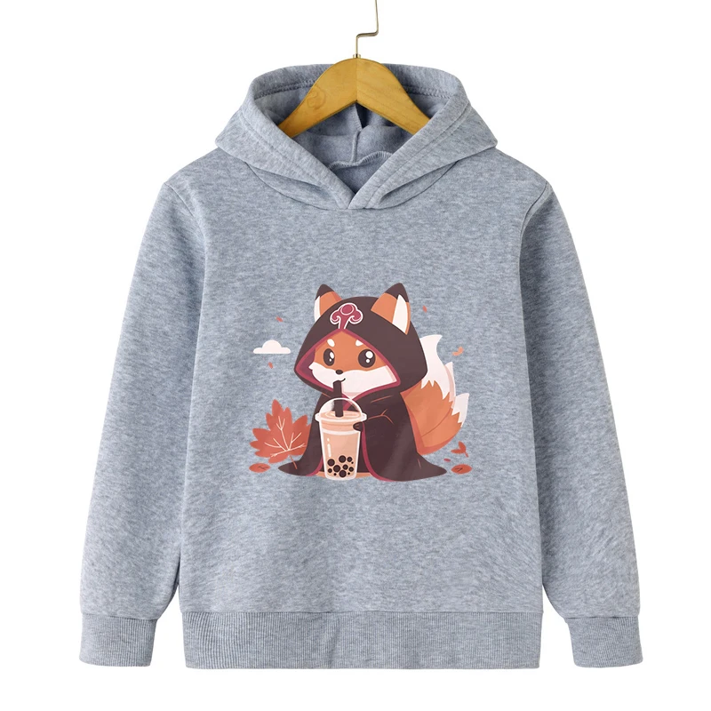 3-12 Years Old Children\'s Fox Bobo Tea Hoodie Kids Cartoon Style Clothing Long Sleeve Lovely Animal Milk Boy Girl Sweatshirt