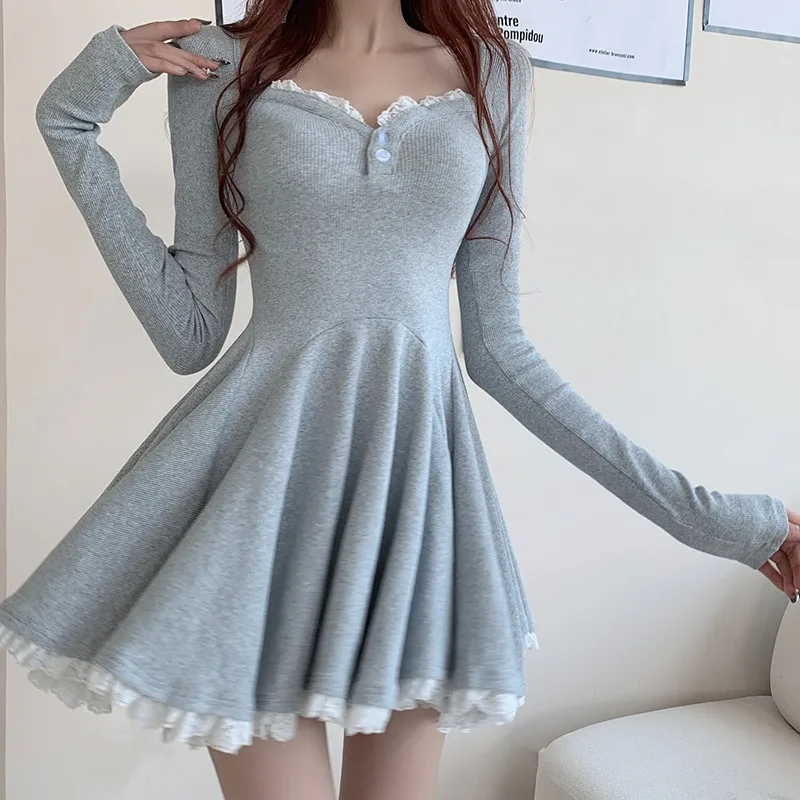 Sweet Sweater Dresses for Women Autumn Lace Trim V-Neck Long Sleeve A-line Mini Dress Lolita Y2k Bodycon Fashion Kawaii Girls