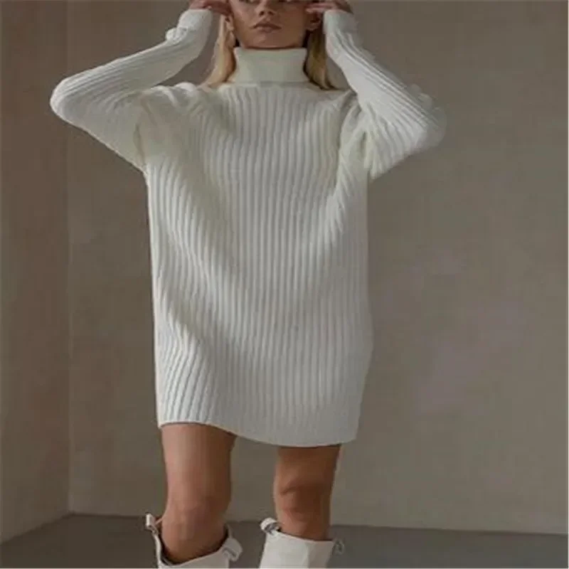 Simple Stripe Thread Knit Short Dress Female Fashion Medium Length Solid Color High Neck Warm Loose Sweater For Women