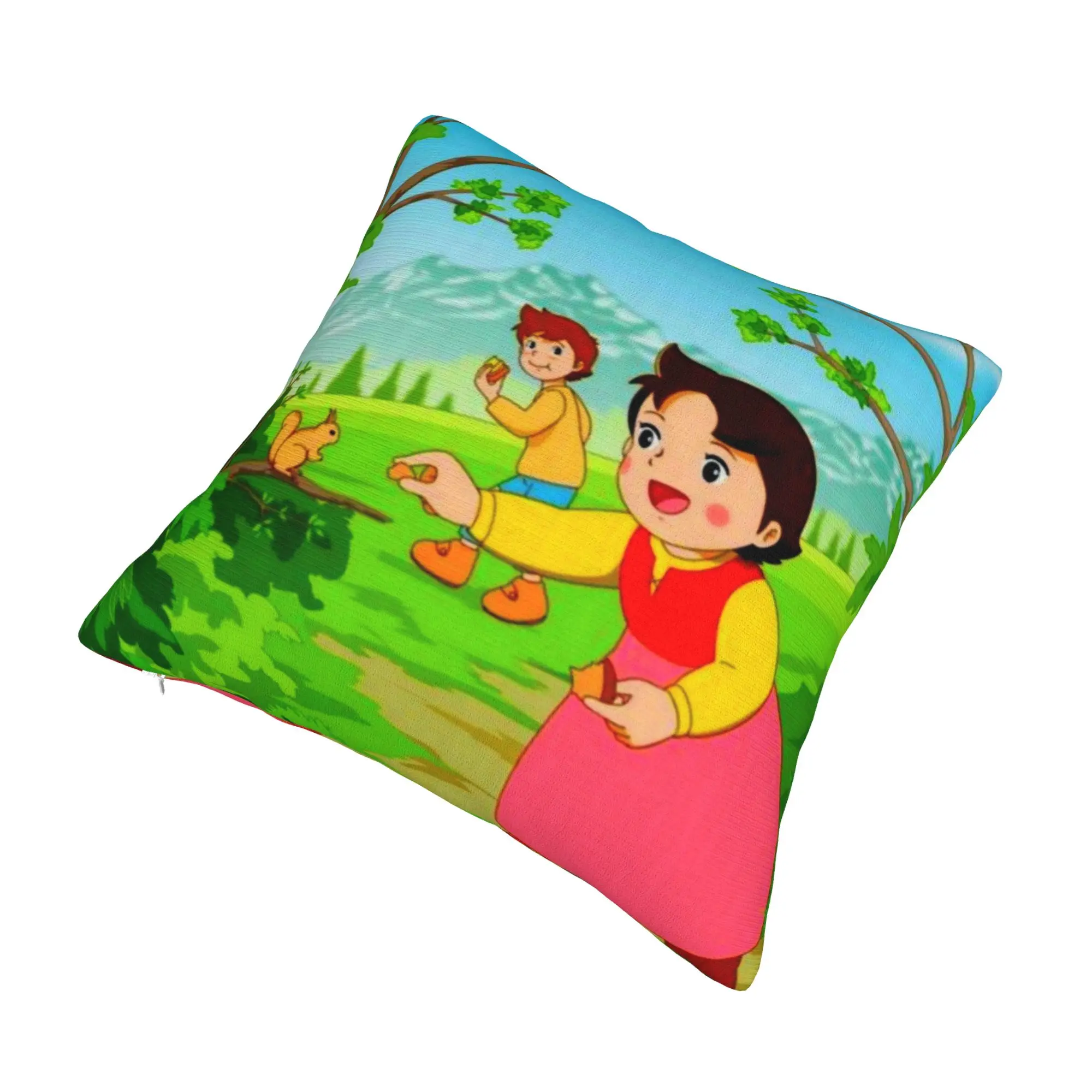 Luxury Heidi Discovers a Squirrel Cushion Cover for Sofa Polyester Cartoon Alps Mountain Girl Throw Pillow Case Decoration