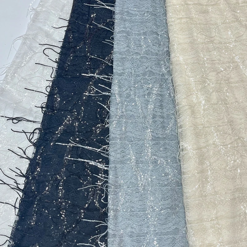 قماش قاعدة من قماش الدانتيل الفرنسي عالي الجودة، تطريز خرز شرابة عصرية أفريقية، نسيج قماش مطرز بالترتر الرمادي