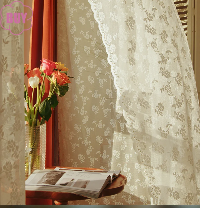 

French Retro Lace Gauze Curtains White Gauze Beads Embroidered Window Curtains for Living Room Bedroom Bay Window Balcony