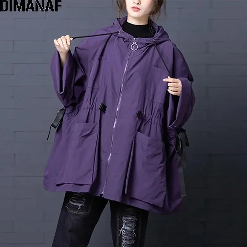 DIMANAF Women Jackets Coats Vintage Lady Outerwear Loose Long Sleeve Hooded Clothing Plus Size Trench Coat 2024 New