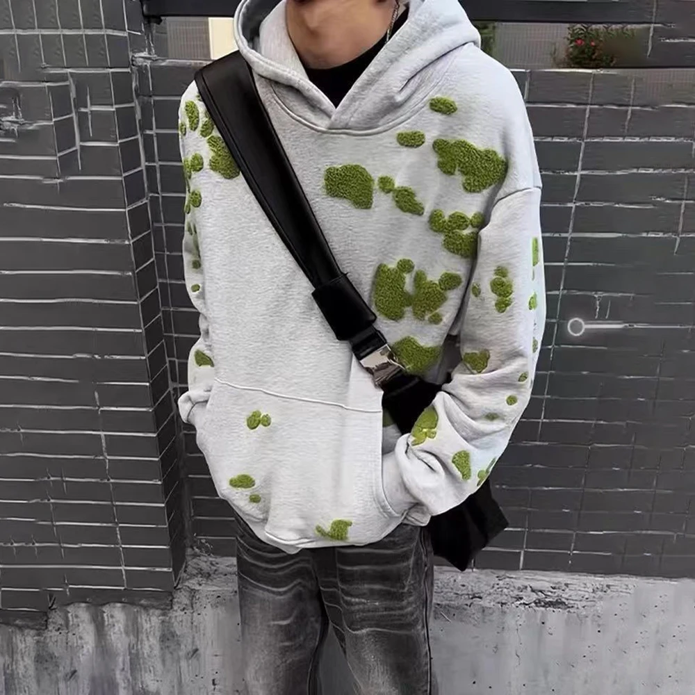 

Gray Heavy Moss Embroidered Hooded Sweatshirt Men 2025 Spring And Autumn Fashion Trend American Retro Couple Casual Tops Unisex