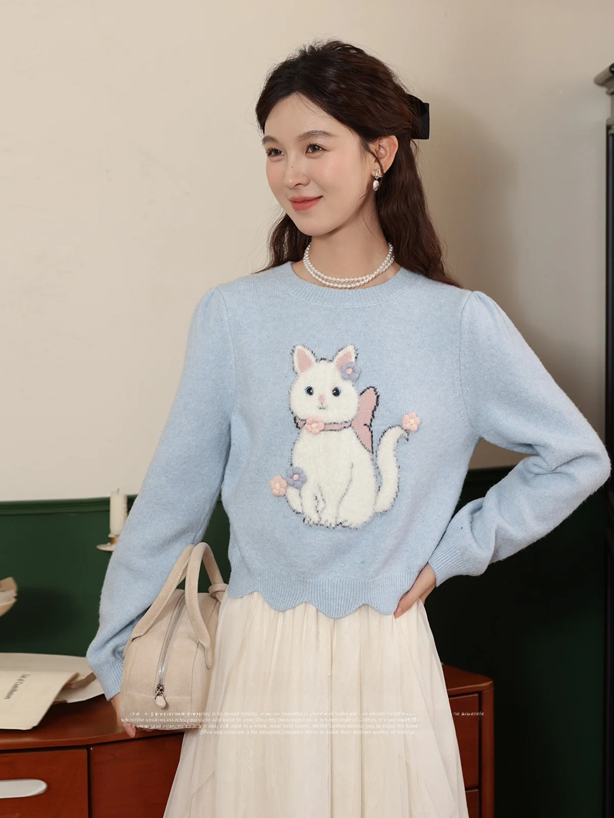 Laterne Nian ort runder Ne-Strickpullover für Damen, Lazy Design, Meersalz, Brea, Neu, 2023, süße Strickwaren mit Bärenmuster