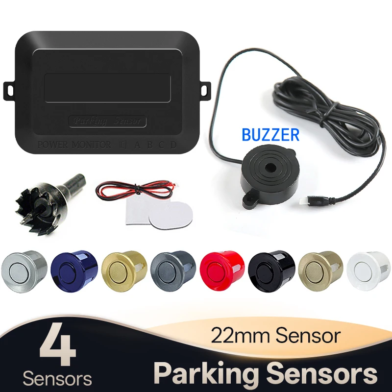 Hippcron 12V Car Parking Sensor Kit 22mm 4 Sensors Reverse Backup Radar Audible Alert Indicator Probe Buzzer System Universal