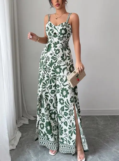 Jumpsuit Women 2026 Spring Autumn New Fashion Print Sexy Backless Lace Up V-Neck Sleeveless High Waist Slit Wide Leg Jumpsuit