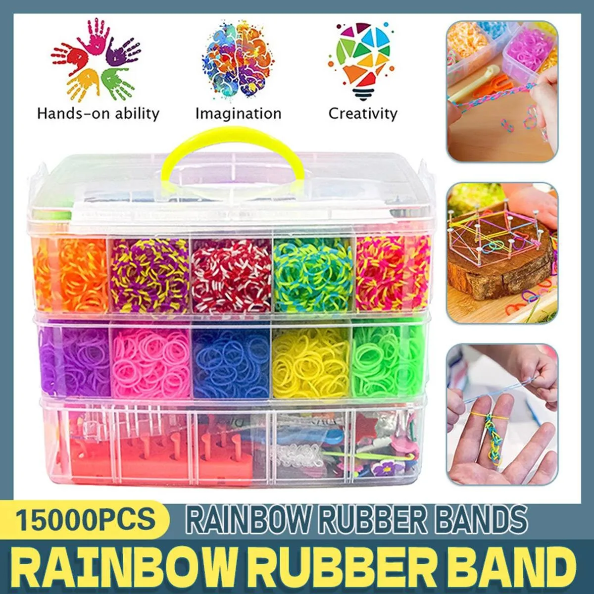 15000Pcs Rainbow Rubber Bands Kit 3 Layer Storage Case DIY Handmade Weaving Loom Craft Set For Kids Adults Creative Gift