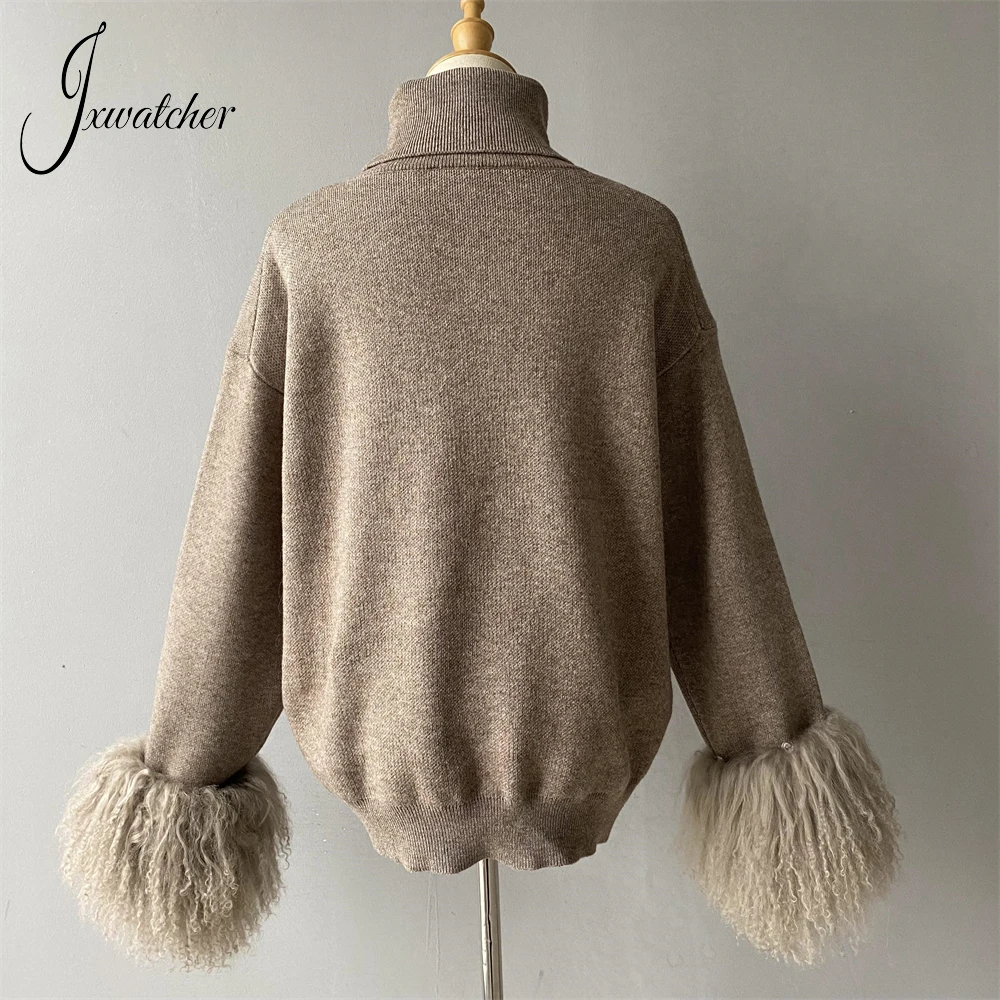 Jxwatcher Women\'s Sweater Set with Real Mongolian Sheep Fur Cuff Ladies Turtleneck Knit Pullover and Pants 2 Piece Stes 2024 New