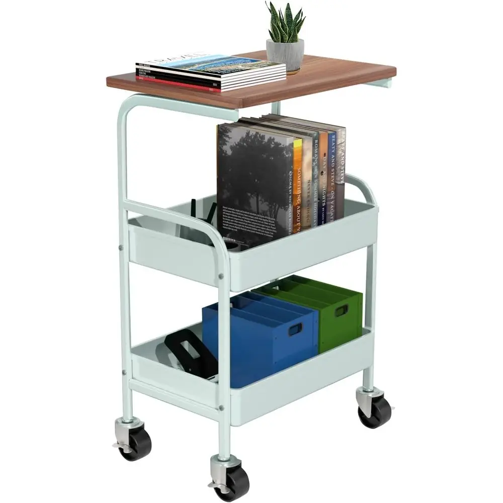 

Rolling Cart with Wooden Tabletop, 3 Tier Metal Utility Cart, Rolling Storage Organizer Cart with Lockable Wheels or Kitchen