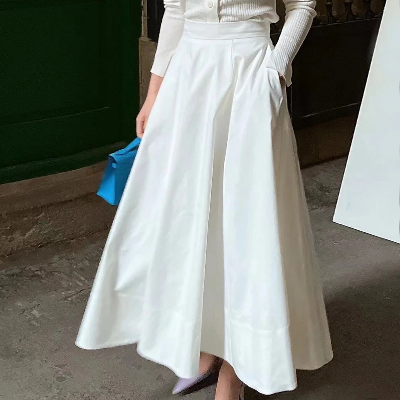

Elegant High Waist Cotton Half Skirt Women's Style Lady Long A-Line Skirt Summer Fashion Commute Pure Color Cotton Blend