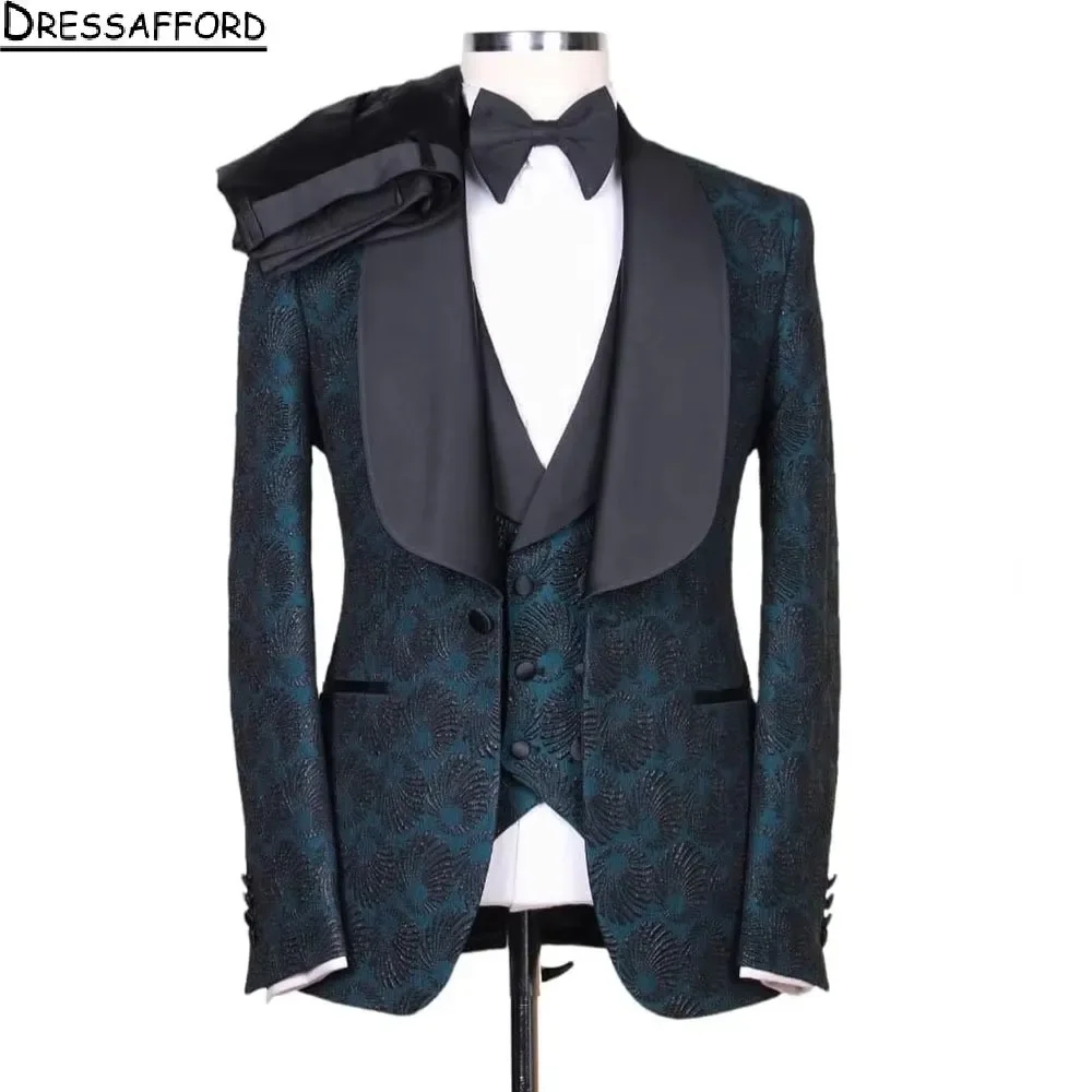 Elegant Formal Evening Party Men Suits Jacquard Weave Three Pieces Groom Wear ( Jacket + Vest + Pants )