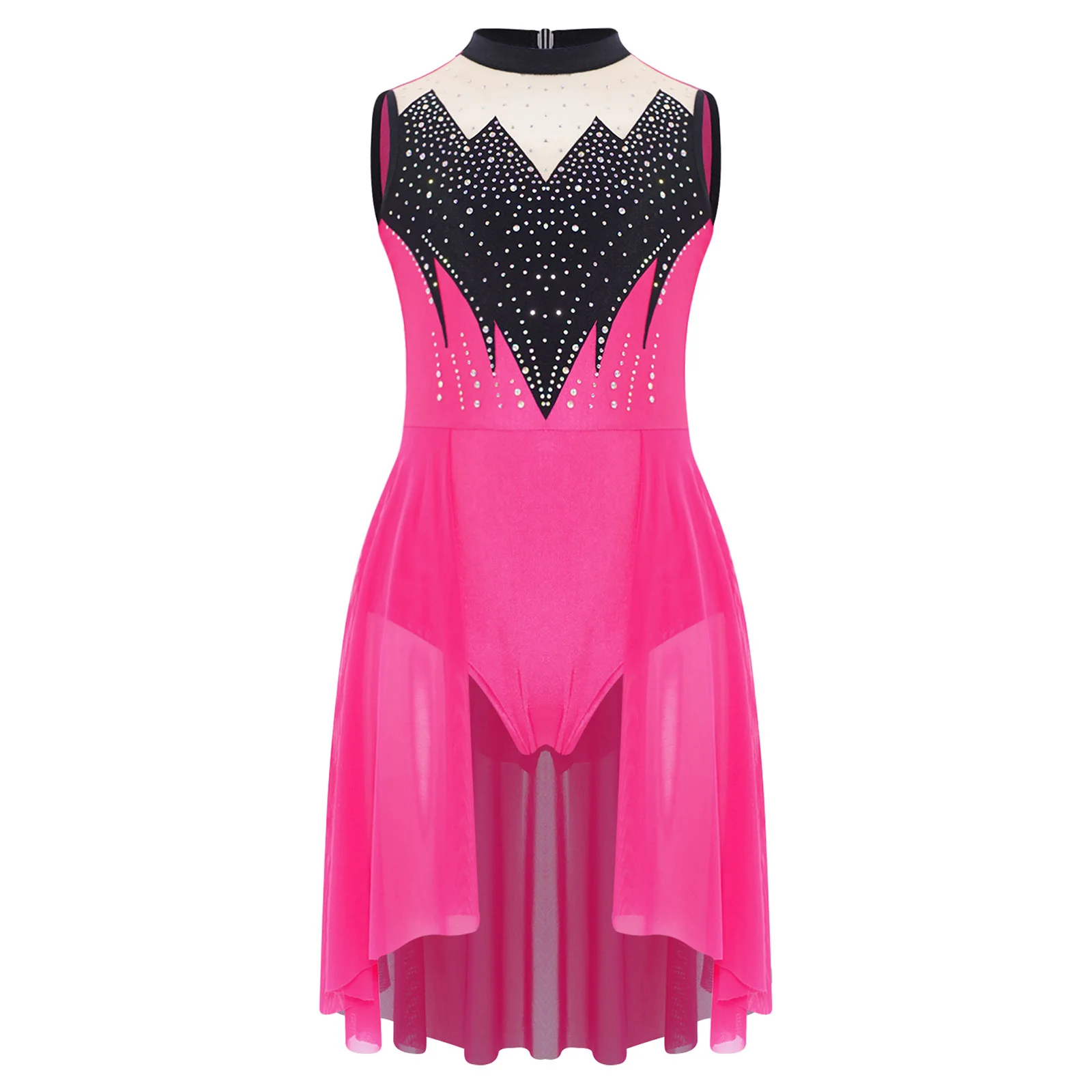 Body da ballo latino per tango lirico per bambina, strass, collo a lupetto, senza maniche, in rete, per spettacoli di danza da sala