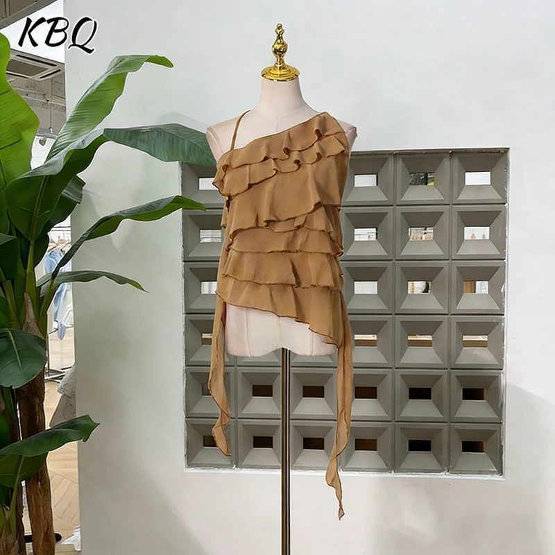 

Женская блузка KBQ с асимметричным вырезом, оборками и диагональным воротником, без рукавов, с открытой спиной, элегантная, шикарная