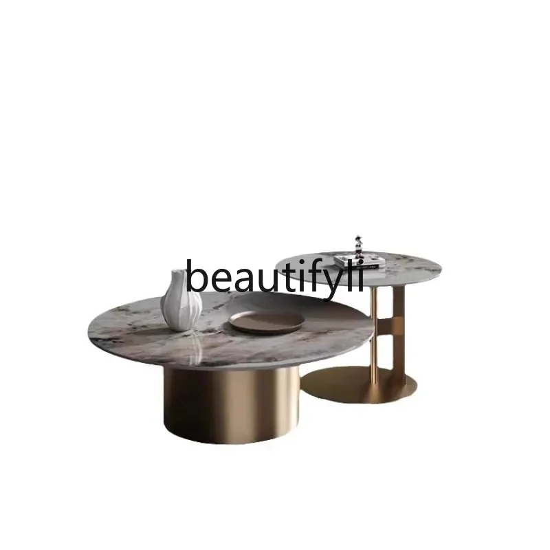 الحديثة الإيطالية الحد الأدنى مجموعة طاولة القهوة المستديرة غرفة المعيشة بلاطة الصخور كبيرة وصغيرة طاولات القهوة المستديرة الفولاذ المقاوم للصدأ K4050