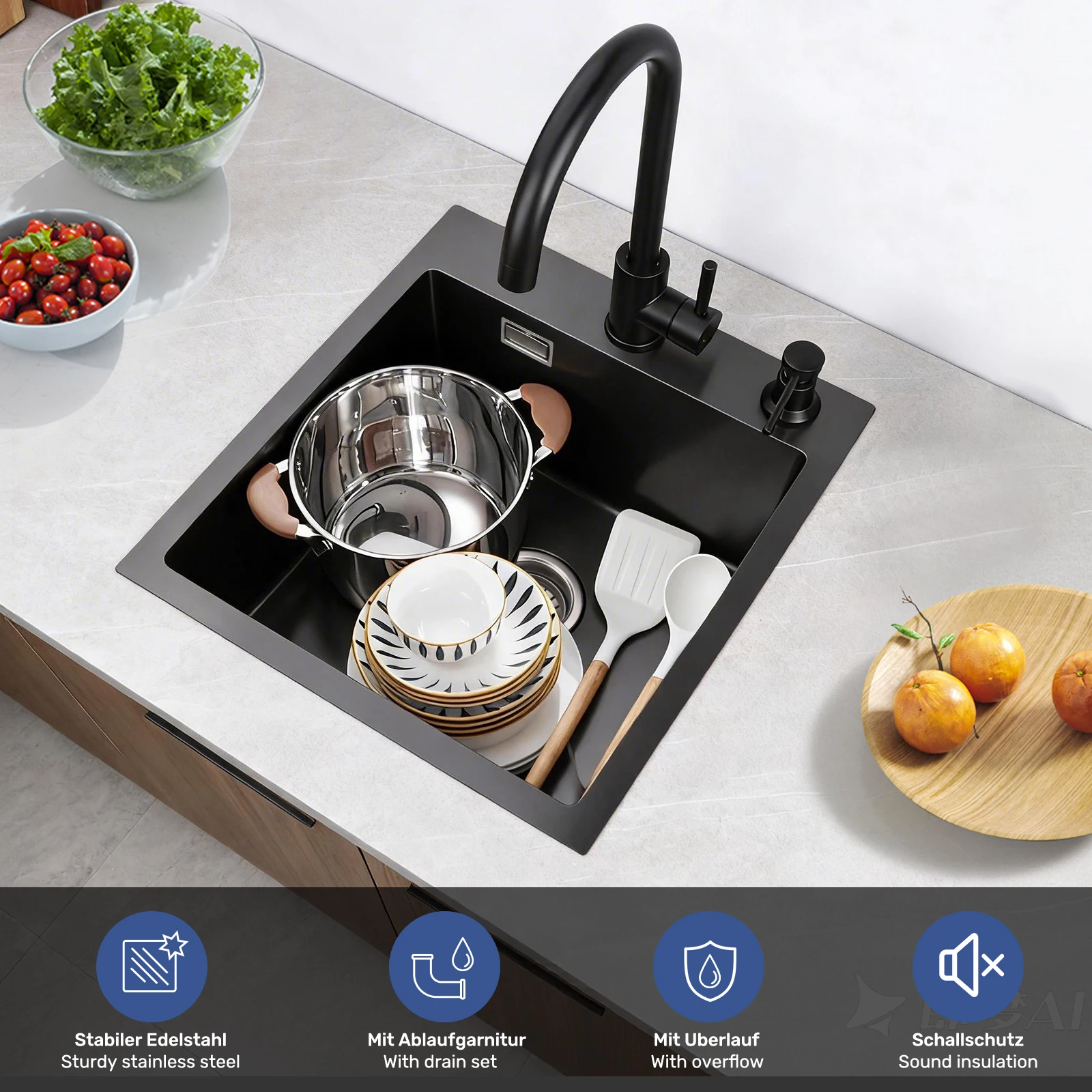 Fregadero individual pequeño de acero inoxidable para cocina, 45X40X20, para lavar verduras y frutas.