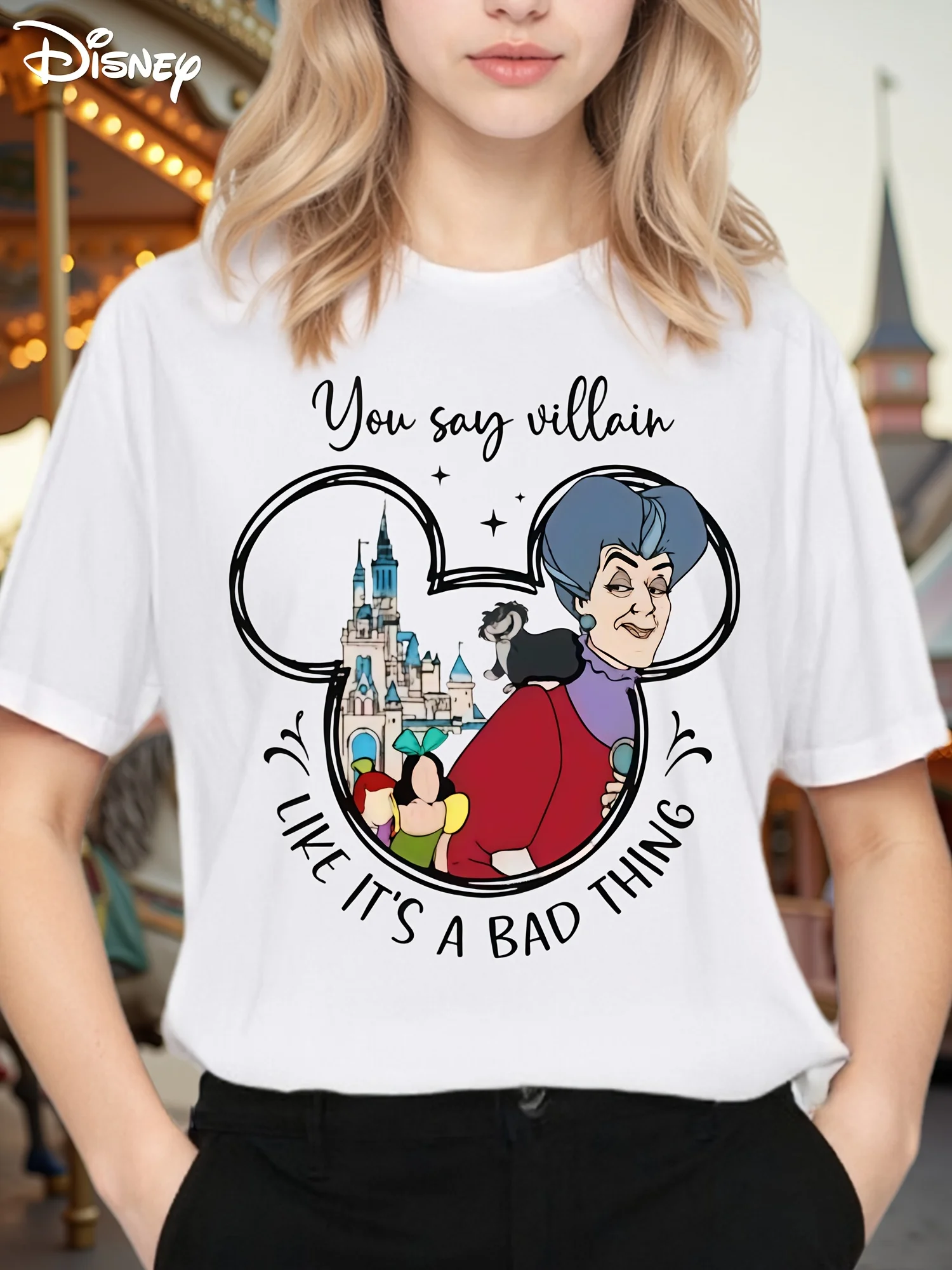 

Disney Villain Character T-shirt - Lady Tremaine and Malefit Castle Pattern
