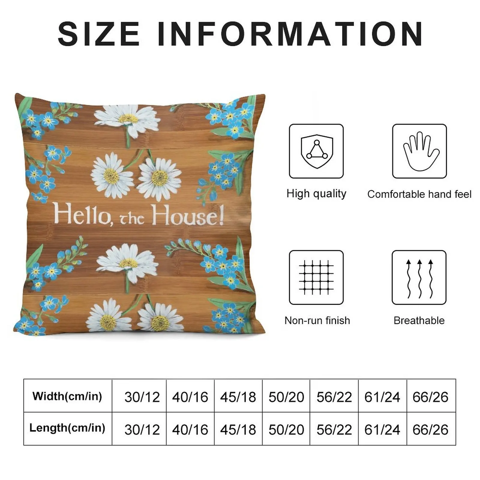 Hello the house forget me nots chamomile daisies strawberry flowers on wood painting art sign welcome greeting by L Throw Pillow