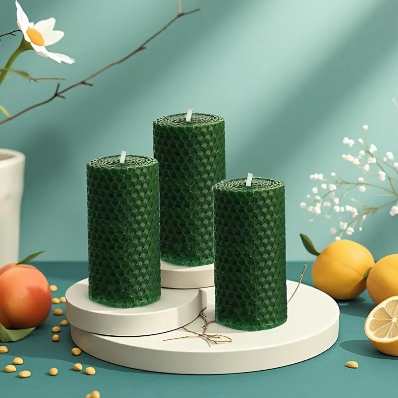 KIKOWHY 3-Piece Natural Beeswax Cylinder Candles 4×10cm | Perfect for Wedding & Home Decor