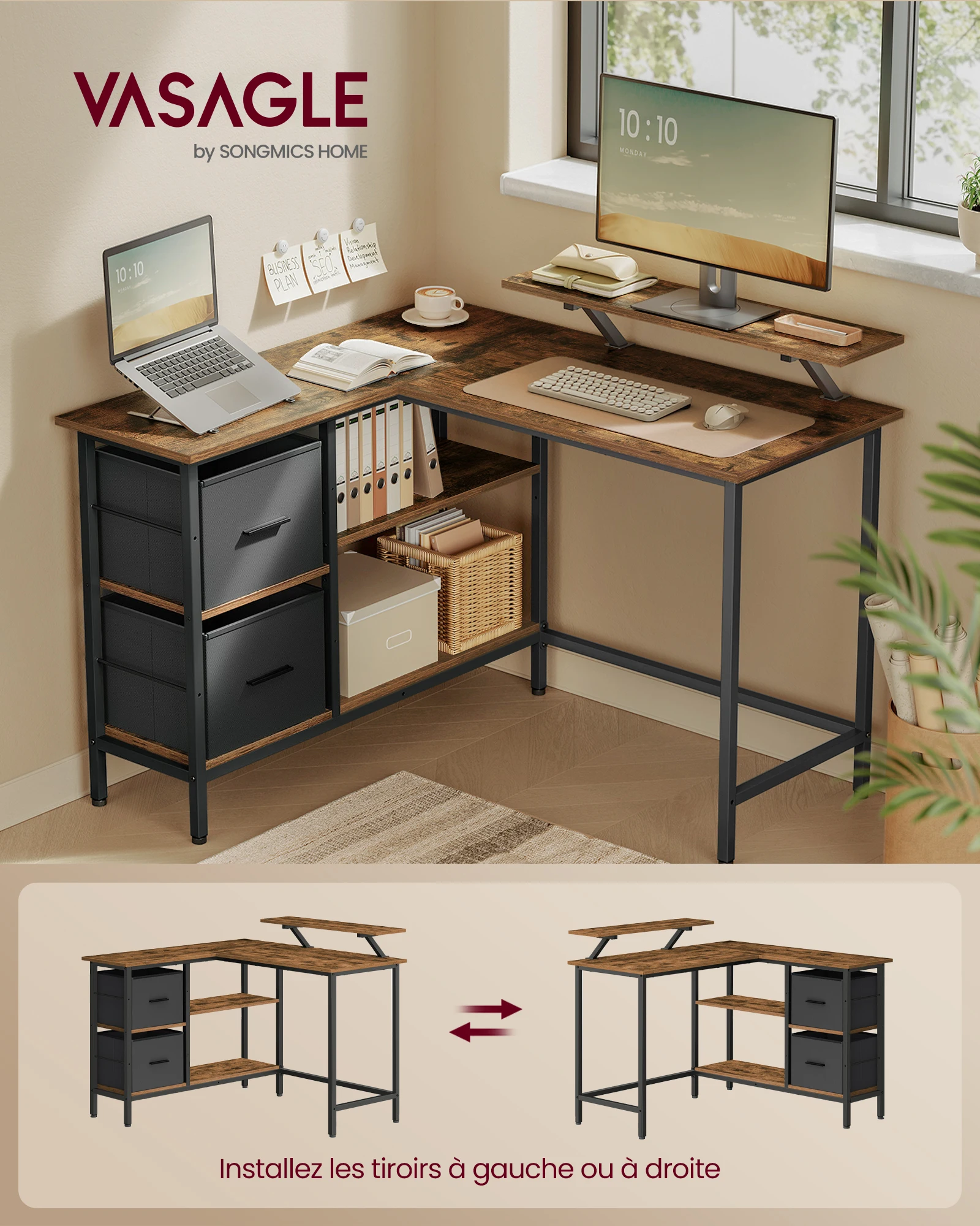 VASAGLE L-Shaped Desk with 2 Spacious Drawers, Gaming Desk with Monitor Stand, Corner Desk, Computer Desk