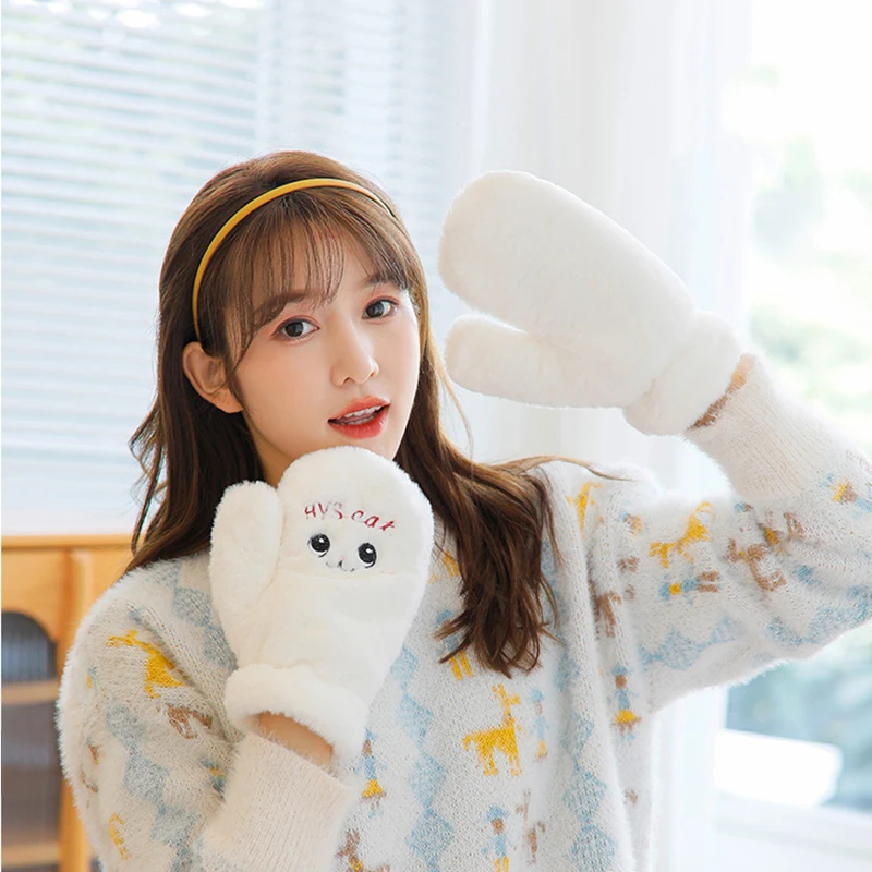 Fashion Women Plush Warm Glove Fur Rabbit Cat Mittens Flip Fingerless Gloves Soft Girls Thick Flexible Half Finger Winter Gloves