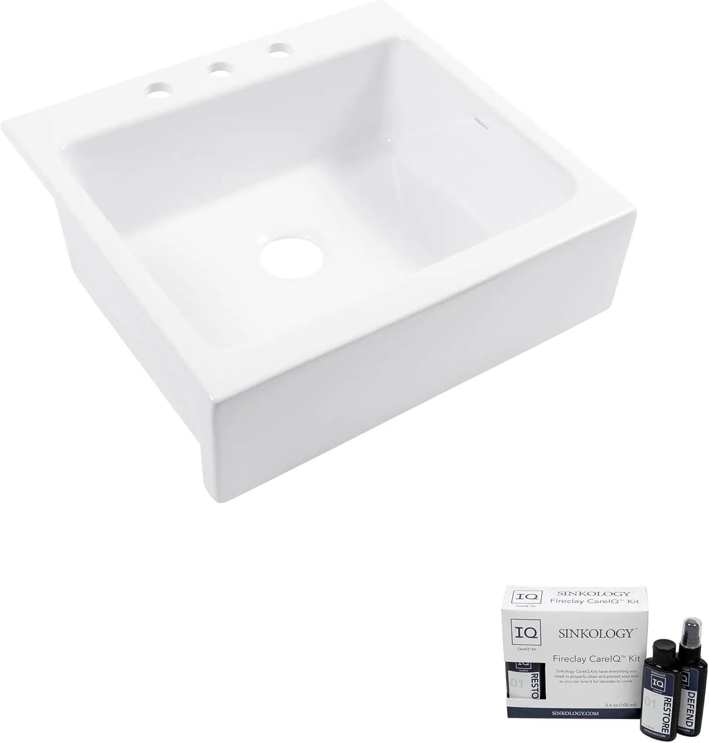 

Parker Fireclay Quick-Fit Drop-In Farmhouse Kitchen Sink And Care Kit, 26"" Crisp White Single Bowl With 3 Holes, 25.85 Inch