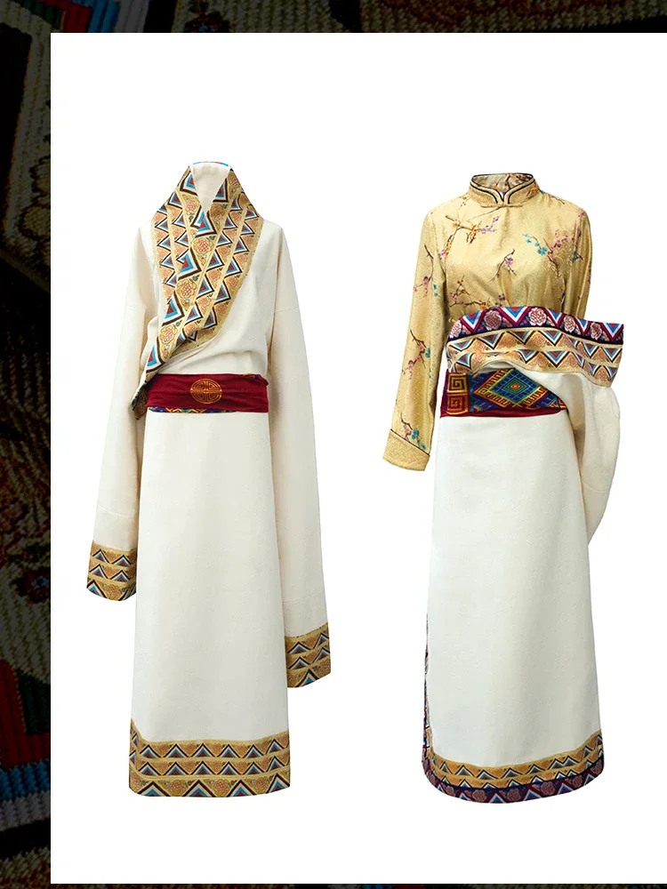 Tibetano robe branco tradicional chinês roupas para mulher estilo étnico oriental traje tibetano roupas asiáticas senhoras