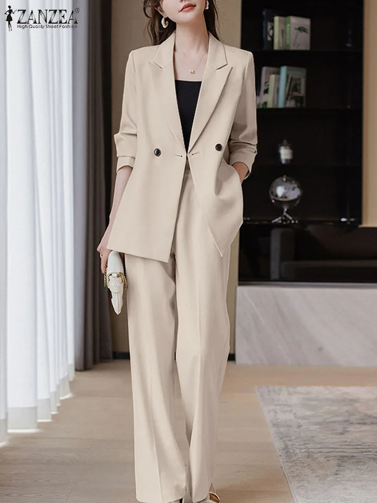 ZANZEA Korean Fashion Trousers Blazer Suits Blazer Tops Solid Color Elegant Autumn 2024 2pcs Suits Commute Women Pant Sets