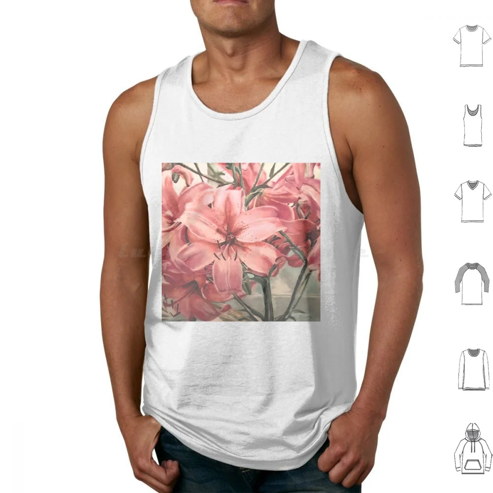 Coral Lily Acrylic Painting-Cottagecore Aesthetic Tank Tops Print Cotton Flower Painting Cottagecore Acrylic Flower Coral