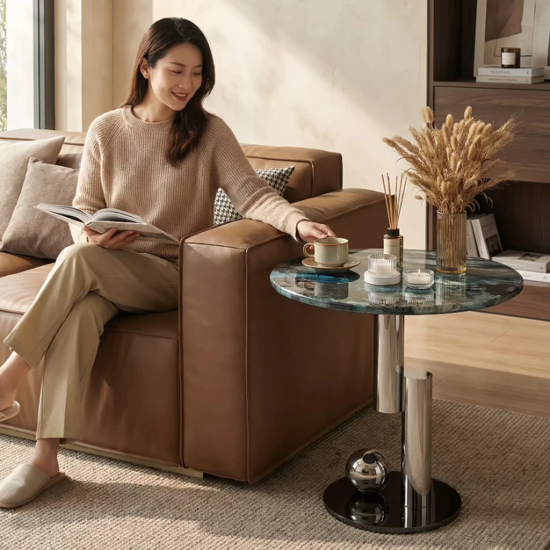 Modern Minimalist Round Marble End Table with Sleek Metal Base for Contemporary Living Room and Bedroom Use designer furniture