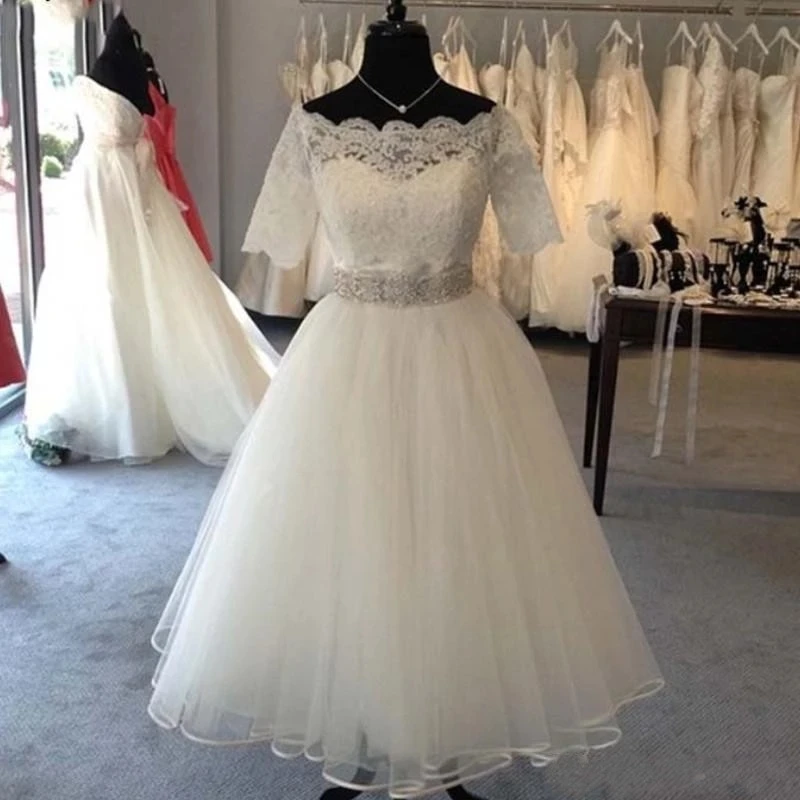 

ANGELSBRIDEP Short Lace Wedding Dresses Robe de mariee Fashion Applique Empire Waist Tulle Formal Bride Gowns Custom Make