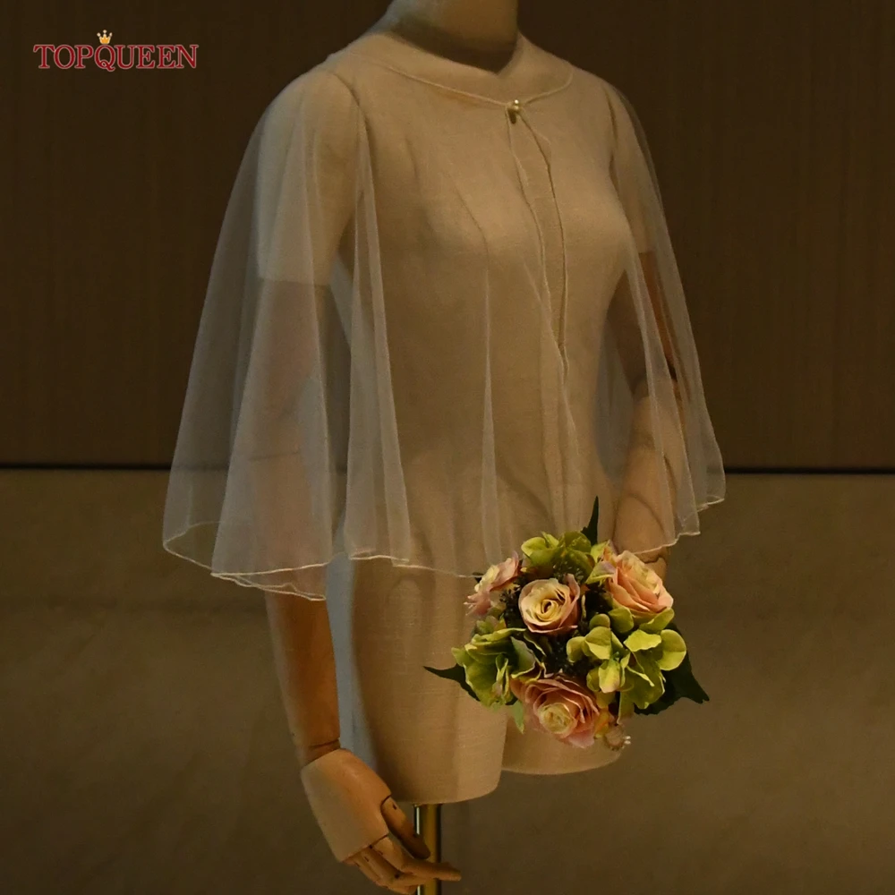 TOPQUEEN Simple Tulle Shawl Summer Transparent Dress Cardigan Bridal Cloak Wedding Blouse Sleeveless Blouse Vg89 customizable