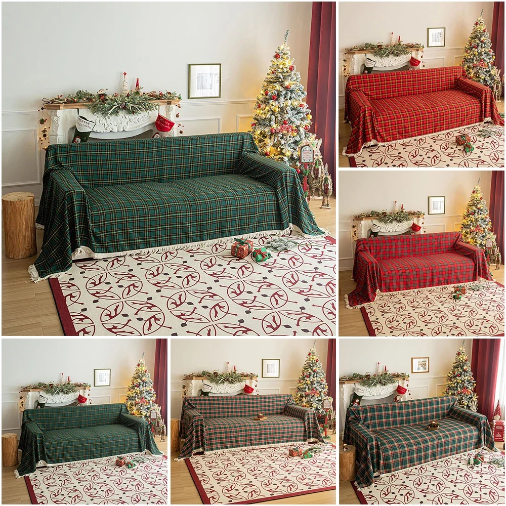 1PC New Christmas Plaid Sofa Towel American Retro Multi-purpose Blanket Non-slip Full Cover Fabric Towel Simple and Fashionable