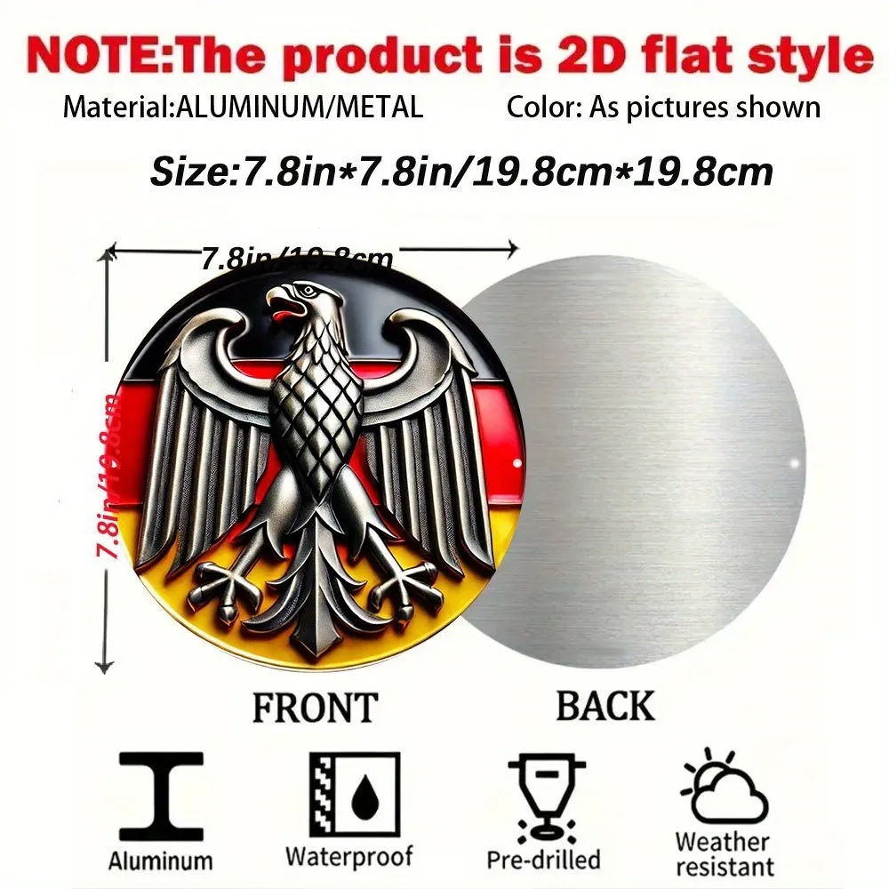 German Coat of Arms Wall Art - 7.8" Round Aluminum Emblem Black Eagle Golden Shield, Durable Indoor Outdoor Hanging Decor for