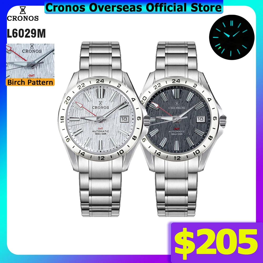 Cronos GS Mechanical Men Watch 39mm Birch Pattern GMT NH34 Automatic Bubble Sapphire Glass Brushed Bracelet 10ATM L6029M