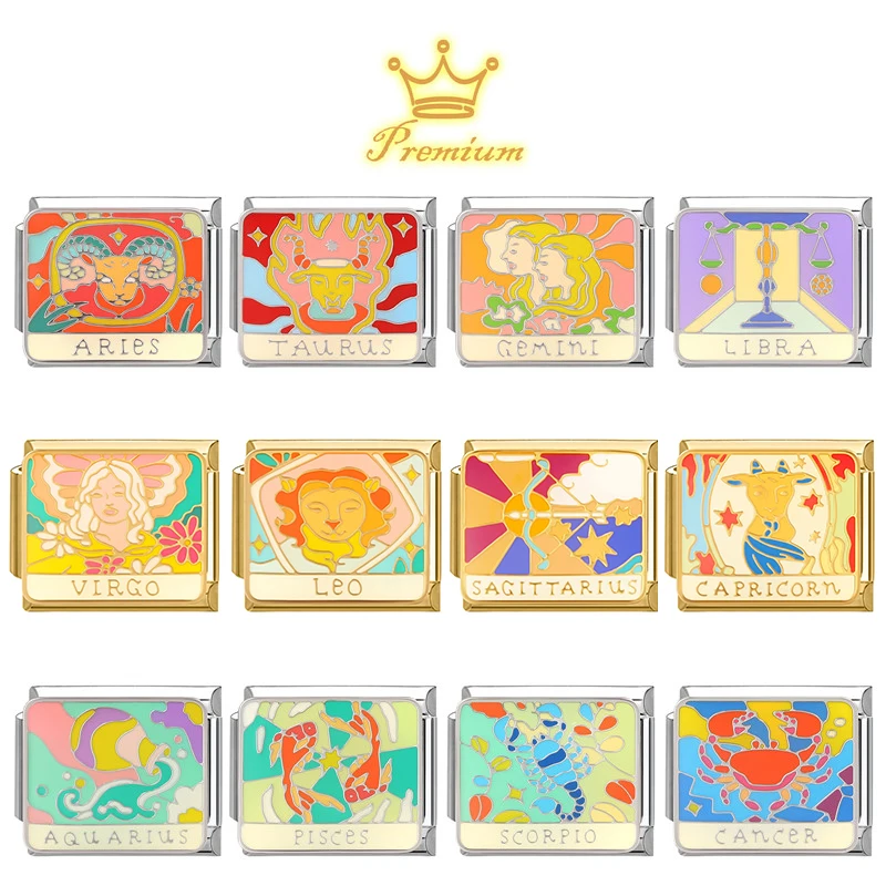 12 Zodiac Signs Golden Silver Italian Charm Links Fit 9mm Bracelet Stainless Steel Women DIY Making Jewelry Gift Wholesale