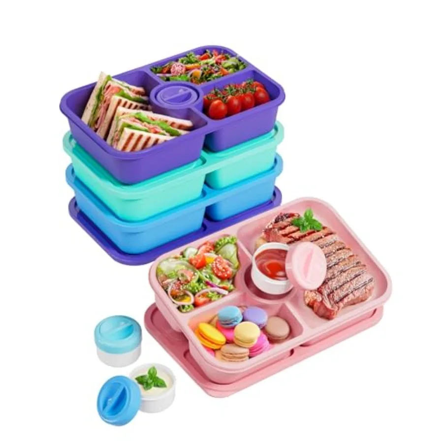 4 Pcs Bento Snack Box Containers, 4 Compartment Divided Stackable Food Storage Containers with Lids, Meal Prep Lunch Container