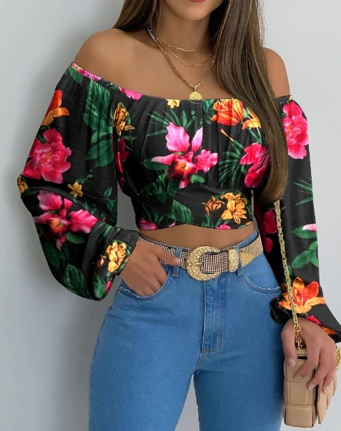 Blusa con estampado Floral para mujer, Top elegante de manga larga, ajustado y fruncido, hombros descubiertos