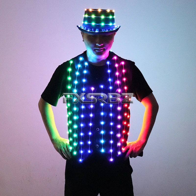 Full Color LED Vest And Hat Fashion Senior Host Glowing Costume Suit DJ Singer Dancer Performer Stage Luminous Jacket