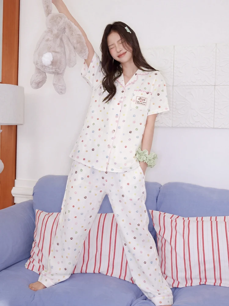 dog-paw-print-summer-sleepwear-short-sleeve-pure-cotton-home-clothes-women's-set-casual-style-printed-comfortable-br