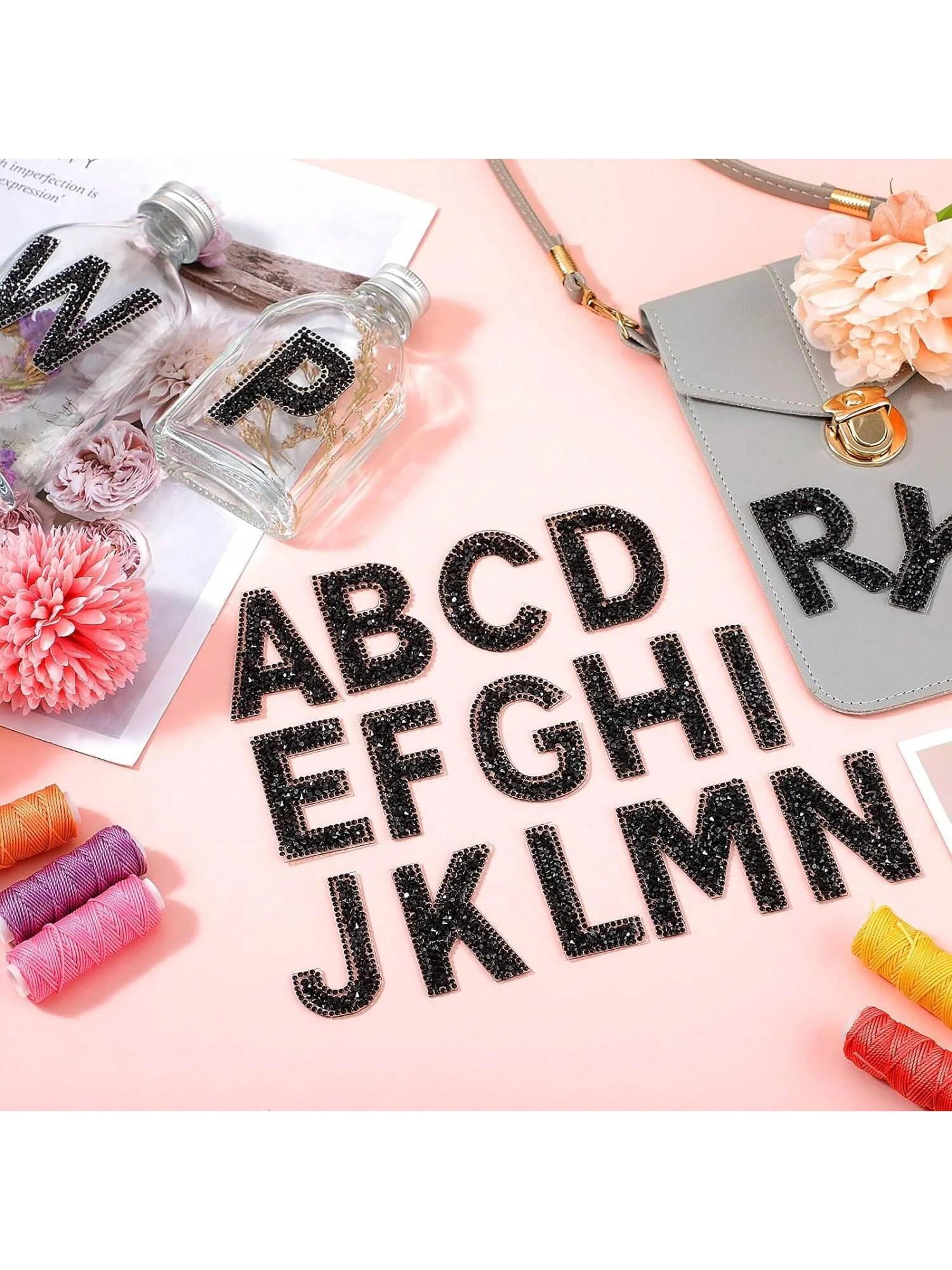 Rhinestone Iron On Patch Initial A-Z Pearl Bling Rhinestone Letter Patch Glitter Alphabet Rhinestone Pearl English Letter(black)