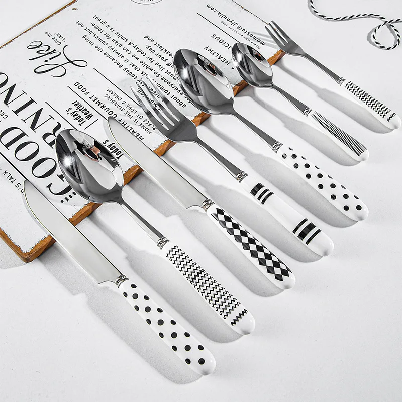 5Pcs Hepburn Stainless Steel Sets Ceramic Knife Fork and Spoon Set Drink Spoon Dessert Spoon Steak Knife Fork Kitchen Items