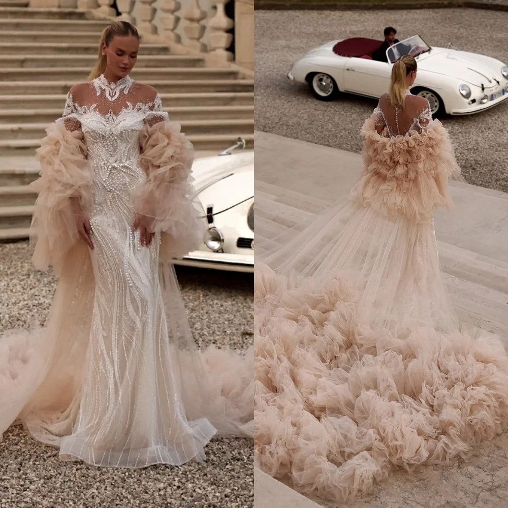 

Customized White Organza Wedding Dress Exquisite Crew Neck Shawl Short Sleeves Bridal Gowns Dreamy Buttons Back Vestido De Novia