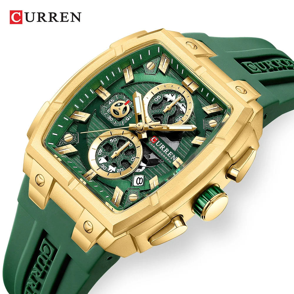 CURREN Men's Rectangle Watch with 41mm Dial Luxury Quartz Chronograph Wristwatch with Silicon Strap Luminous Hands