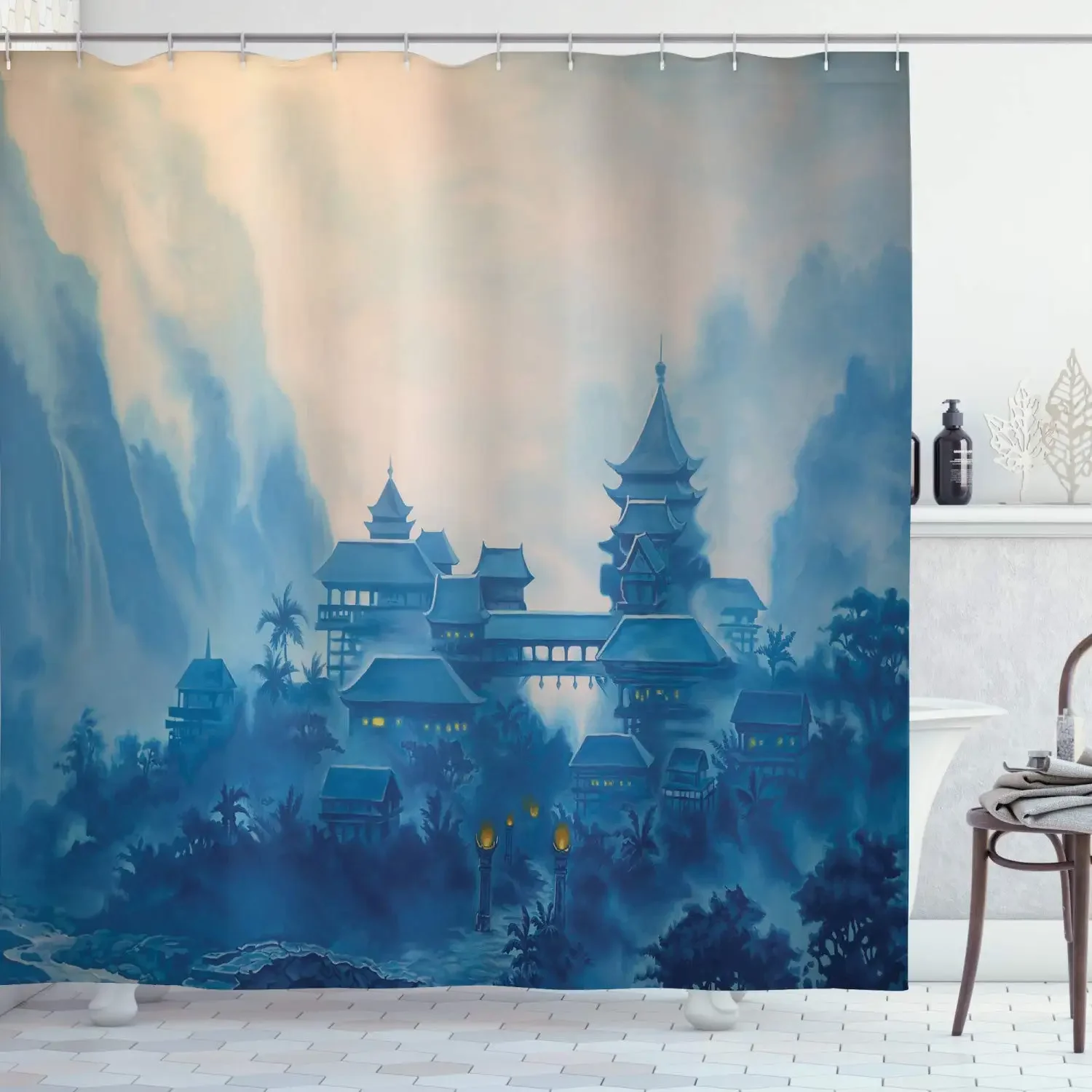 East Shower Curtain,Watercolor Painting Chinese Building Paint Mist At Night Oriental Image Illustration Bathroom Curtains,Hooks